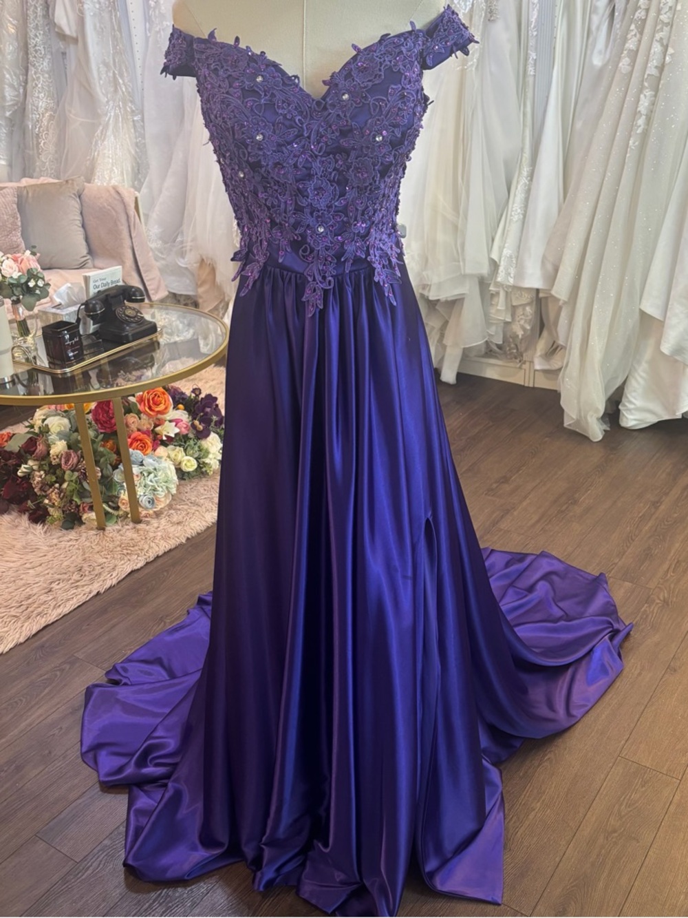 Off-Shoulder Purple Evening Gown with Lace Appliqué